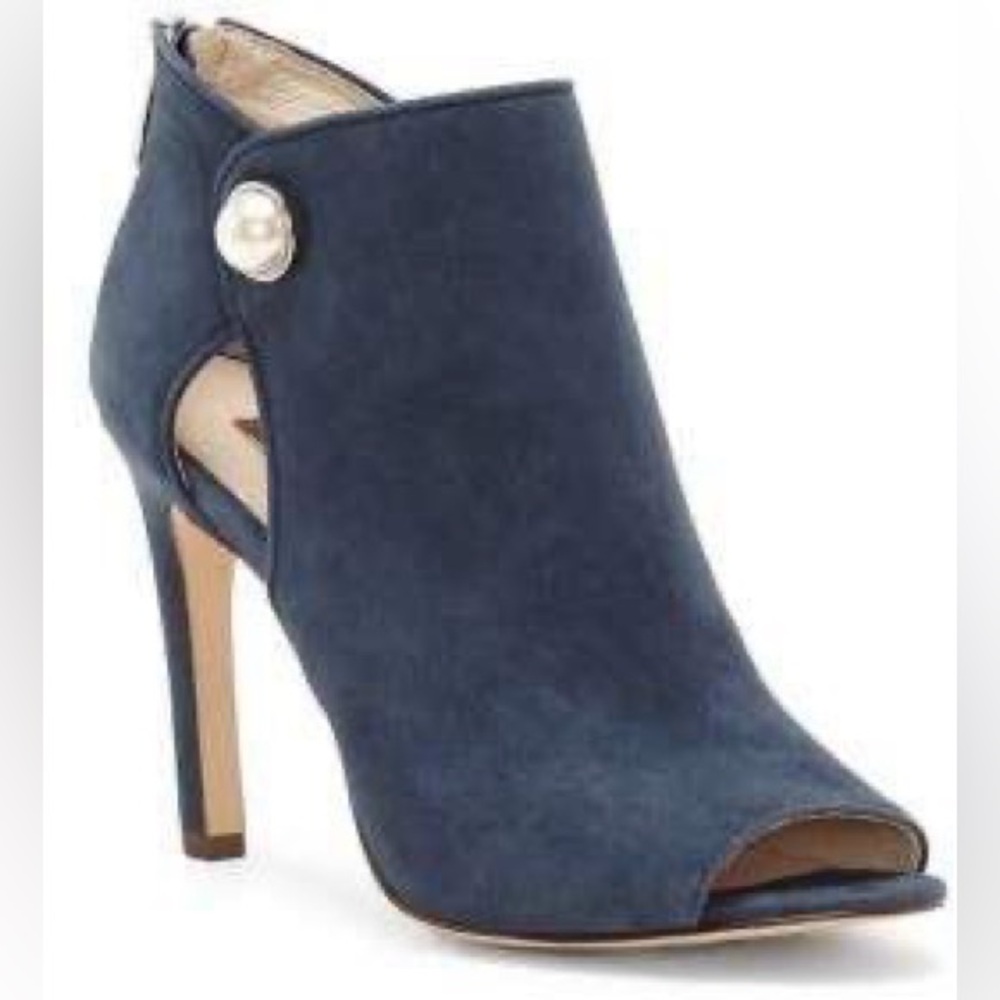 Louise et Cie Blue Suede Peep Toe Bootie 8.5 Pearl Detail Chic Designer Luxury